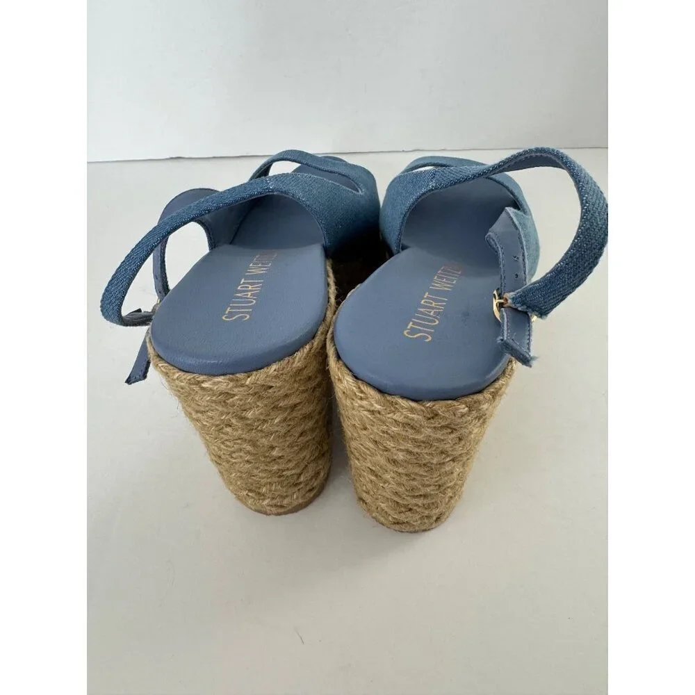 Stuart Weitzman Island Espadrille Wedge Sandal Peep Toe Jute & Denim Size 11 - Picture 8 of 9